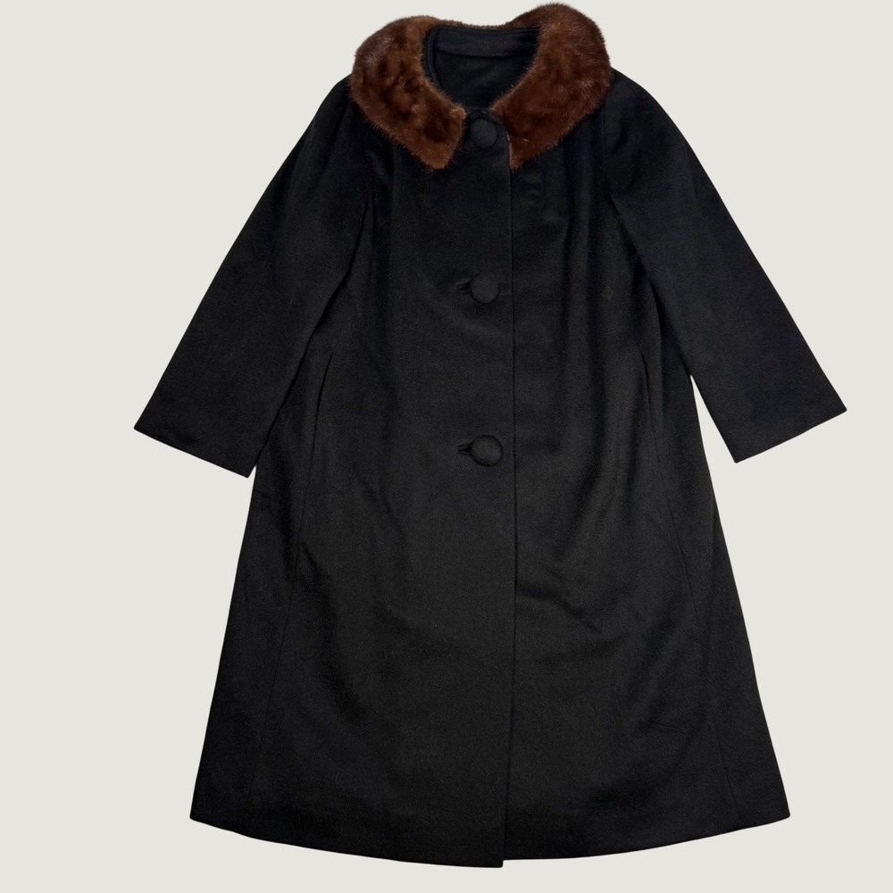 Vintage 60s Mar-Dor of California 100% Wool Coat Black Brown Mink Fur Collar